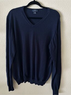 Brooks Men's Navy Blue V-Neck Sweater 100% Merino Wool size Large